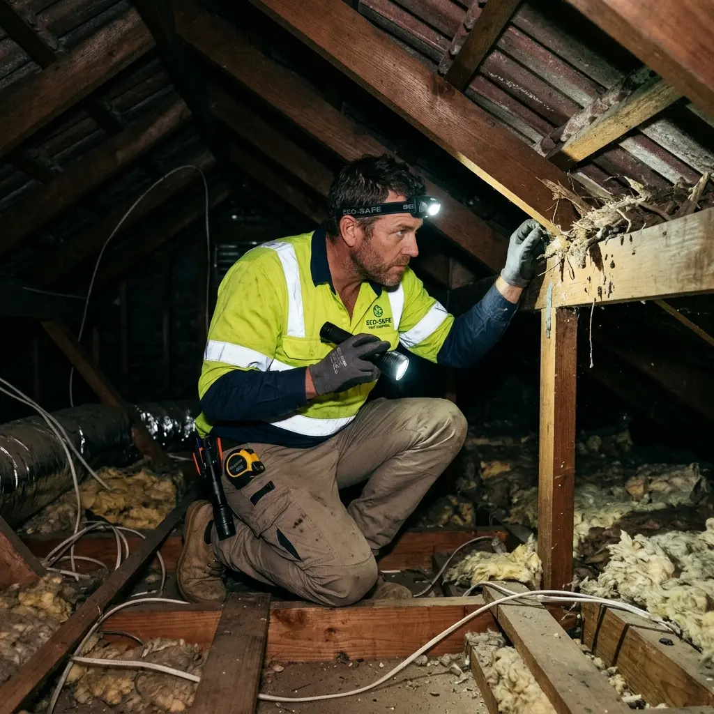 Technician inspecting a roof cavity for a dead animal in Bulleen